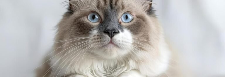 Chat Ragdoll bicolore aux yeux bleus intenses posé calmement