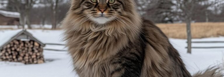 Chat sibérien adulte au poil mi-long debout de profil montrant sa carrure robuste